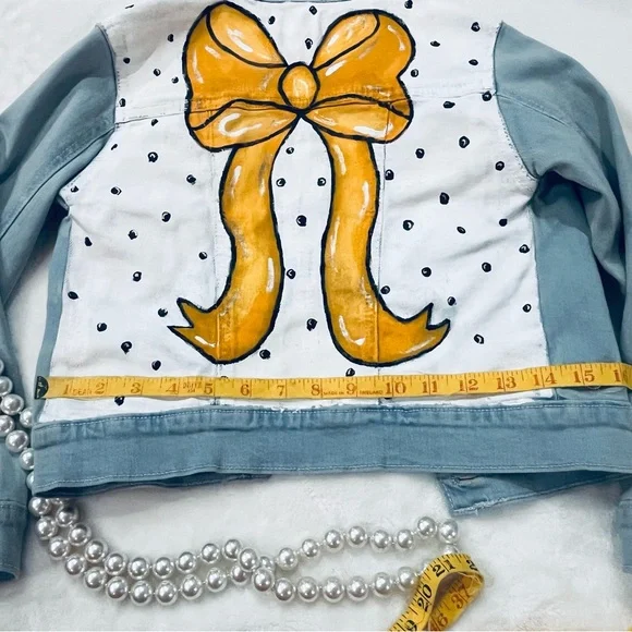 Kids Hand-Painted Denim Jacket with Orange Bow Design - Picture 11 of 12